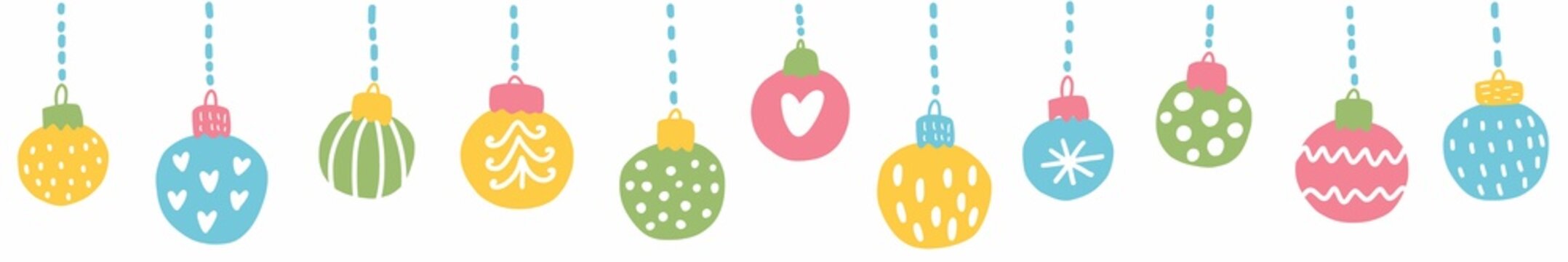 Vector horizontal illustration with Christmas decorations, Christmas tree toys, balloons, hand-drawn.