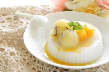Kiwi fruit and mango on white Milk Kanten Jelly for Asian sweet dessert image