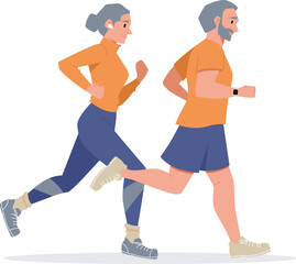 Elderly people running wearing sportswear. Morning jogging run. The concept of sport activity for Senior people and healthy lifestyle. Vector illustration of cardio exercising fitness training