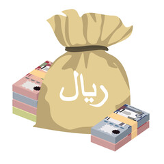 Saudi Riyal Vector Illustration. Saudi Arabia money set bundle banknotes. Money bag 50, 100, 500 SAR. Flat style. Isolated on white background. Simple minimal design.