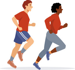 Fototapeta na wymiar African american woman and man running in the park. Morning jogging run. Concept of family sport activity and healthy lifestyle. Vector illustration of couple workout outside. Marathon race