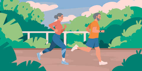 Elderly people running wearing sportswear. Morning jogging run. The concept of sport activity for Senior people and healthy lifestyle. Vector illustration of cardio exercising fitness training