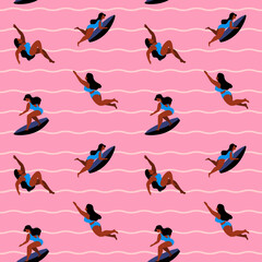 Surfing girls swimming and diving with surf board vector illustration. Women surfers in bikini swimsuits seamless pattern. Summer vibe, holidays, vacation.