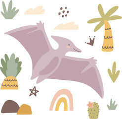 Cute baby dinosaur pterosaur. artoon dino with red heart. Hand drawn vector kids design for nursery room, clip art, prints in scandinavian style. Concept for cards, posters, t-shirts.