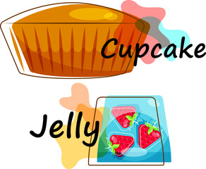 Desserts with inscriptions. Jelly. Cake. Food in the background. Jelly with strawberries. Big pie.