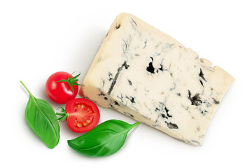 Blue cheese gorgonzola isolated on white background with full depth of field. Top view. Flat lay.