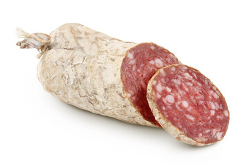 Cured salami sausage isolated on white background. Italian cuisine with full depth of field