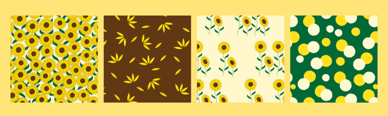 Hand drawn sunflower seamless pattern set.