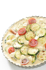Prepared egg and pan fried zucchini in egg wash for  quiche cooking ingredient
