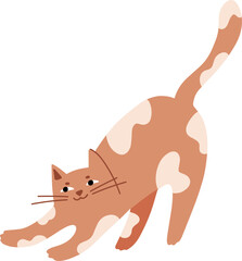 Cute cartoon cat stretching. Happy funny kitty. Adorable smiling kitten. Funny animal, home kitty. Adorable kitten. Flat vector illustration isolated on white background