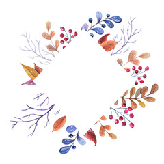 Watercolour autumn frame with colorful leaves and berry on white background