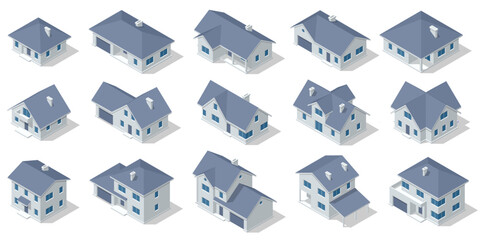 Isometric big set of low villas. Various types of villas. Country house