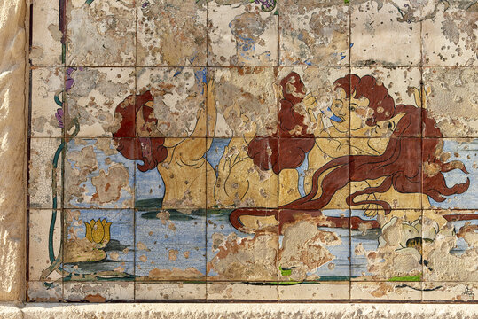 09 October 2016 : detail of azulejos panel in the museum de Arte Nova de Aveiro in Aveiro, Portugal	
