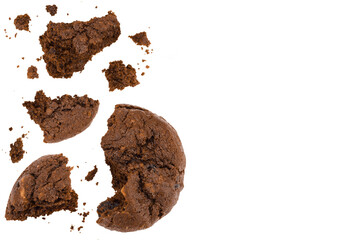 chocolate cookies broken isolated on white background with full depth of field. Top view with copy space for your text. Flat lay
