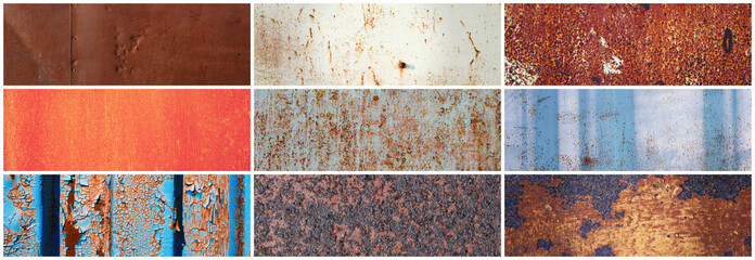 Set of old rusty metal textures. Collection of panoramic backgrounds for design. Rough dirty metal surface with rust.