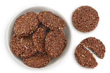 amaranth cookies with carob in ceramic bowl isolated on white background. Healthy food. Top view. Flat lay