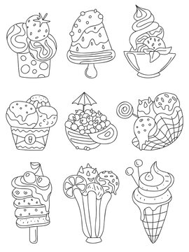 Cute doodle ice cream. Hand drawn cold desert set. Bowl, waffle cone, cup ice cream, mini melts small balls, eskimo pie, popsicle, sundae.