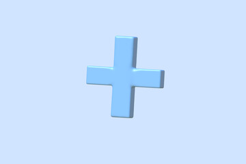 3D rendering of blue Plus icon for first aid and emergency. Light blue background.