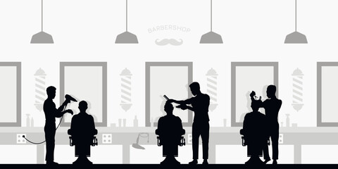 Barbershop salon interior. Black silhouette scene of barber shop. Haircut master with customer. Men fashion service. Hairdresser at work. Man stylish club