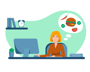 Fototapeta premium Hungry woman at work. Hunger in the workplace. Character design. Vector illustration in flat style.