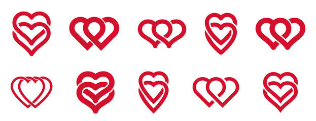 Double two hearts vector icons or logos set, wedding and couple concept romantic theme, care and togetherness, two linked hearts connected.