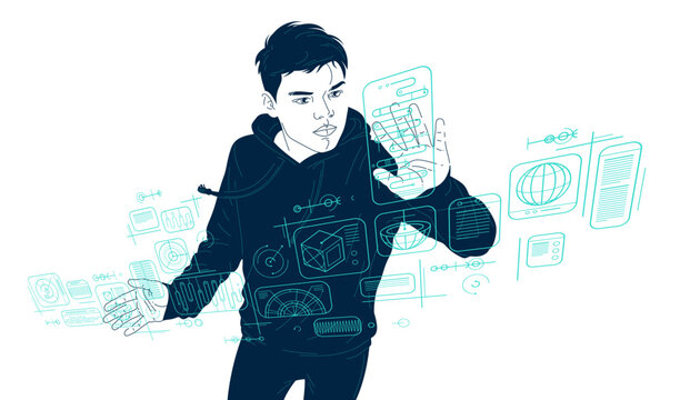 Teenager boy controls HUD virtual interface vector illustration, futuristic concept school student studying, future teen technology theme.