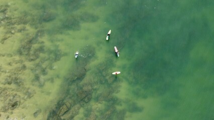 Aerial view of rowing boats floating in the clear ocean water