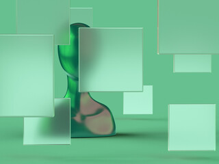 3D rendered illustration of a person's model head. Composition with glass cubes and half transparent areas. Visualization for data and privacy.