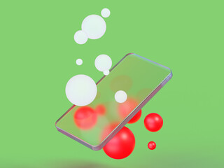 3D rendered illustration of a half-transparent stylized smartphone with spheres in different colors. Composition with a glass mobile phone and colorful objects. Visualization for data and technology.