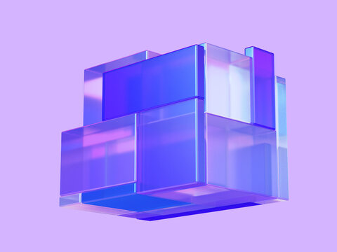 3D rendered illustration of half-transparent blocks in different colors. Composition with glass cubes and glass fields. Visualization for data and technology.