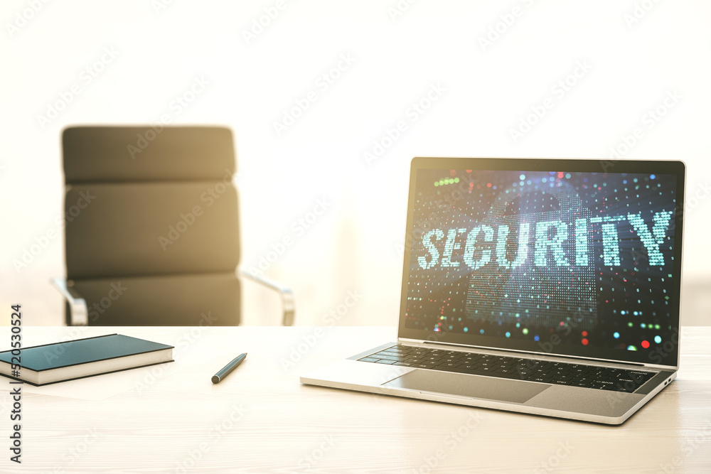 Poster Cyber security creative concept on modern laptop monitor. 3D Rendering
