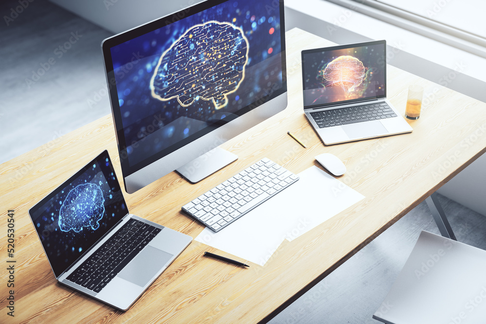 Aufkleber Modern computer monitor with creative artificial Intelligence symbol. Neural networks and machine learning concept. 3D Rendering