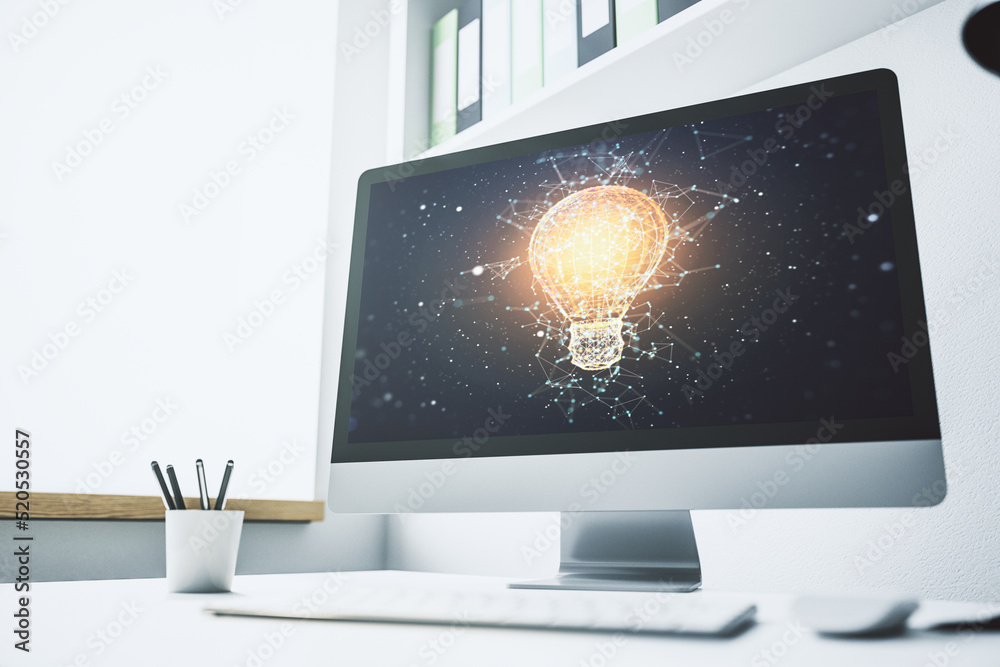 Aufkleber Modern computer monitor with creative light bulb hologram, research and development concept. 3D Rendering