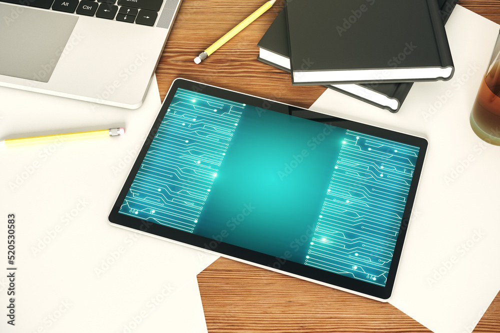 Poster creative abstract micro circuit sketch on modern digital tablet screen, future technology and ai con