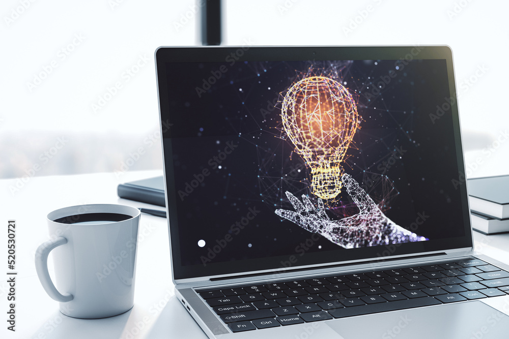 Aufkleber modern computer monitor with creative light bulb hologram, research and development concept. 3d rend