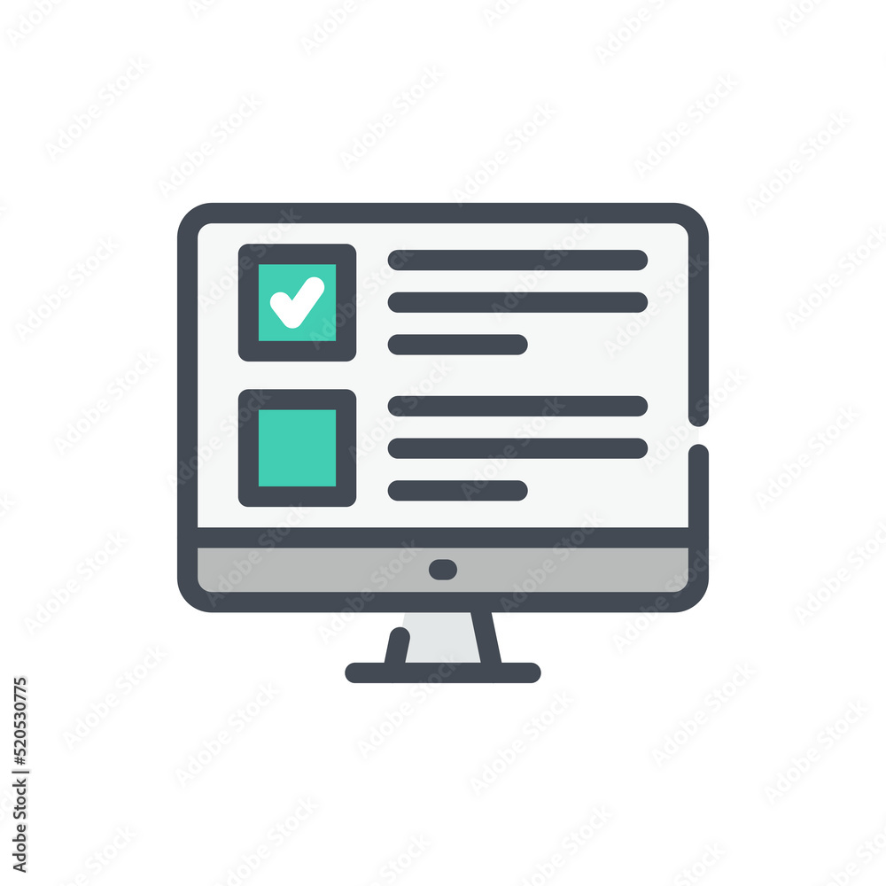 Poster Online exam and Survey form on computer display color line icon. PC with check box and tick vector outline colorful sign.