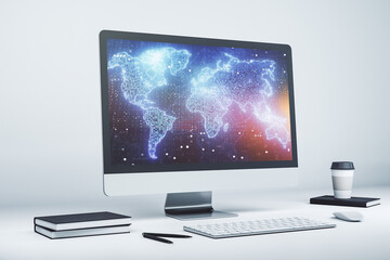 Abstract creative world map on modern laptop screen, international trading concept. 3D Rendering