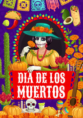 Dia de los Muertos mexican holiday poster. Vector dead day design with Catrina, sugar skull, marigold flowers, papel picado flags. Traditional festive food, tequila, maracas, guitar, cacti or pumpkin