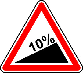 Vector graphic of a uk warning of a 10% incline ahead road sign. It consists of a hill upward symbol and the incline rate contained within a red triangle