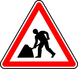 Vector graphic of a uk road works ahead road sign. It consists of a man digging symbol contained within a red triangle