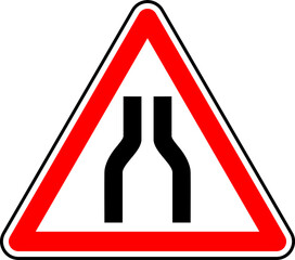 Vector graphic of a uk road narrows on both sides road sign. It consists of a depiction of the road layout contained within a red triangle
