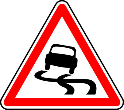 Vector graphic of a uk slippery surface road sign. It consists of a depiction of a car and curved skid marks contained within a red triangle