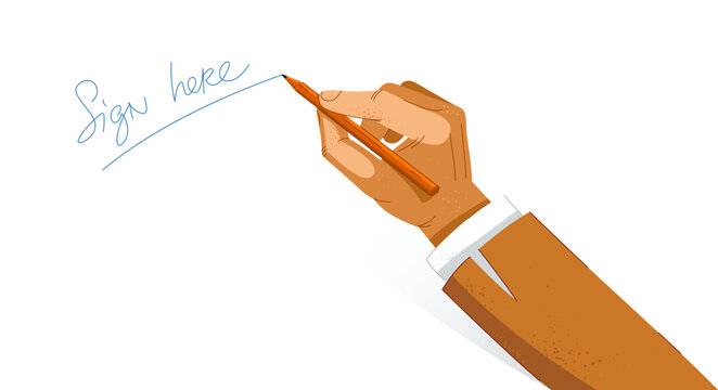 Businessman Hand Signing A Document Vector Illustration, Sign Here Script, Agreement Signature.