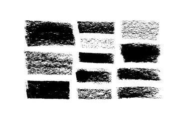 Vector grungy graphite pencil lines, charcoal strokes. Horizontal straight dry lines. Hand drawn charcoal thick stripes. Dry black smears isolated on white background. Black vector grunge texture