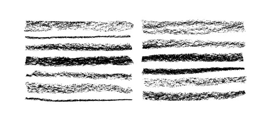 Black charcoal lines isolated on white background. Vector horizontal strokes with noisy texture. Grunge design elements. Set of black horizontal graphite lines. Simple brush strokes set. 