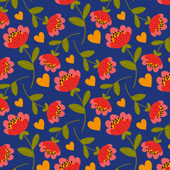 Creative universal art background in doodle style. Colorful pattern of flowers and hearts. Vector illustration. Trendy graphic design for banner, poster, card, cover, invitation, placard, brochure.