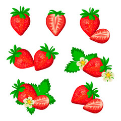 Set of strawberries isolated on white background. Sweet red strawberries in various styles.Set of whole,half strawberries with leaves and flowers.