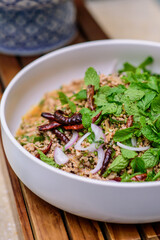 Spicy Minced Pork Salad Thai food (Larb moo) on white plate