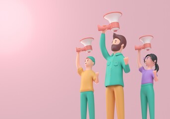 People Raising Hands with 3D Megaphone. 3D render