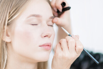 Makeup artist applies eye shadow. Makeup close up.